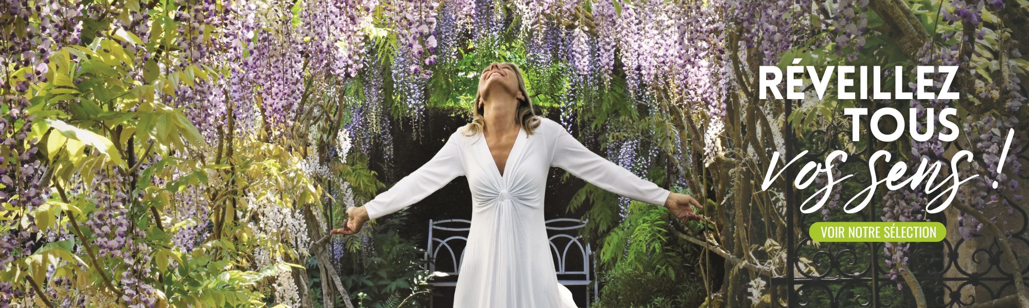 femme en blanc dans un jardin de glycine mauve