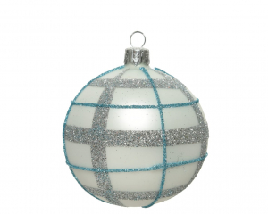 Boule de verre blanc hiver - décor carreaux bleu et paillettes - Ø 8 cm