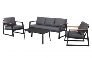 2 fauteuils + 1 canapé 3 places + 1 table basse rectangulaire, aluminium gris