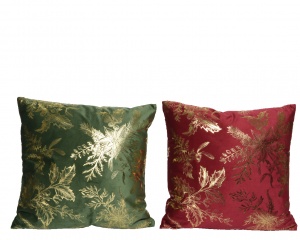 Coussin velours - rouge, vert - motif floral doré