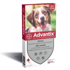 Traitement antiparasitaire chiens moyens - Advantix - 10 à 25 kg - x6