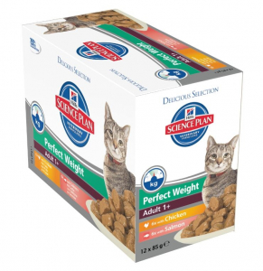Aliment chat Science Plan Feline Adult Perfect Weight Mutlipack 2 saveurs au Poulet & Saumon - Hill's - 12 x 85 g