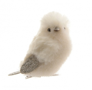 Oiseau sur clip - Blanc - Polyesther - 2 assortiments - Hauteur 9 cm