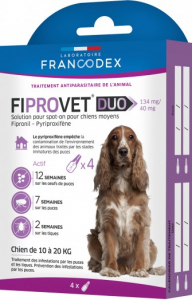 Fiprovet Duo - Francodex - Pour chiens moyens - Prévention et traitement: puceset tiques - 4 pipettes de 1,34ml
