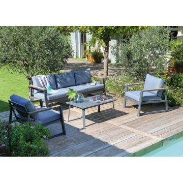 2 fauteuils + 1 canapé 3 places + 1 table basse rectangulaire, aluminium gris