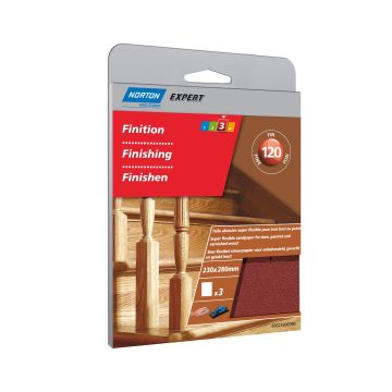 Toile abrasive flexible bois brut ou peint Grain 120 NORTON EXPERT - 230 x 120 mm