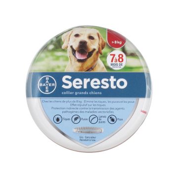 Collier pour grands chiens antiparasitaire - Seresto - 8 mois de protection - >8kg - 70 cm