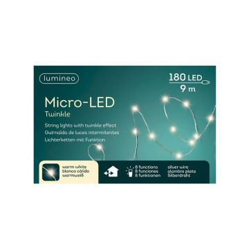 Guirlande microled - Blanc chaud - 9 m - extérieur - câble argent - 180 leds