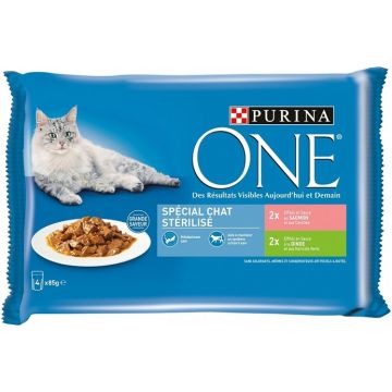 Effilés en sachet pour chat stérilisé - Purina One - SaumonDinde - 4x85 gr