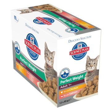 Aliment chat Science Plan Feline Adult Perfect Weight Mutlipack 2 saveurs au Poulet & Saumon - Hill's - 12 x 85 g