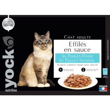 Effilés en sauce saumon poulet et pouletdinde pour chat adulte - Yock nutrition - 12*85 g