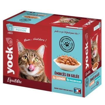 Emincés en gelée Saumon et Poisson blanc chat adulte - Yock Équilibre 12x100g