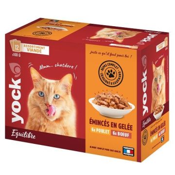 Emincés en gelée Poulet et Bœuf chat adulte - Yock Equilibre 12 x 100g