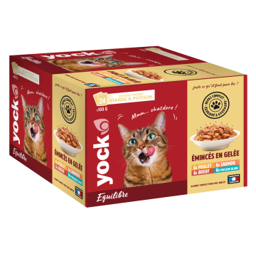 Emincés en gelée chat adulte - Yock Equilibre 24 x 100GR - au poulet, bœuf, saumon et poisson blanc