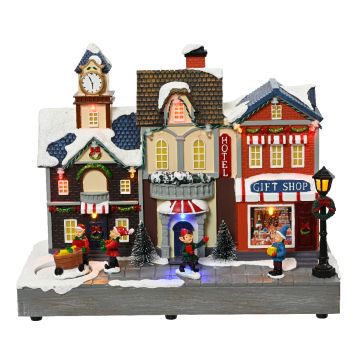 Rue commercante de village de Noël animée - 13,5 X 27 X 22 cm