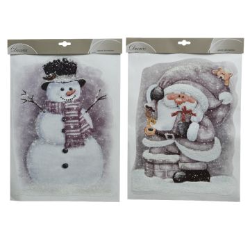 Decoration de fenetre pet givre & paillettes bonhomme neige- pere noel 2ass