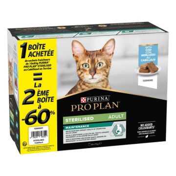 proplan nutrisavour pour chat sterilisé, poulet et morue, le lot de 2 boites de10 pochons de 85 g dont la 2eme à -60%