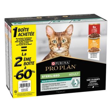 proplan nutrisavour pour chat sterilisé, au bœuf, le lot de 2 boites de 10 pochons de 85gr dont la 2eme à -60%