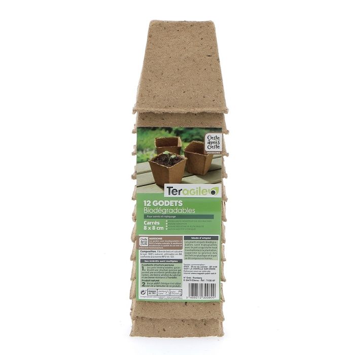 Godets carrés biodégradables - Teragile - Ø 8 - Lot de 12 pots