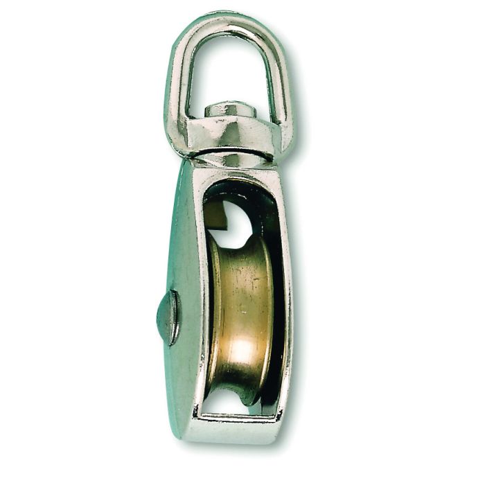 Poulie 1 galet à émerillon pivotant - Zamak nickelé - Ø galet 32 mm - Pour corde Ø 8 mm