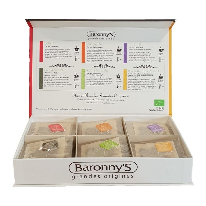 Coffret découverte thés et rooibos bio grandes origines - Baronny's - 48 sachets
