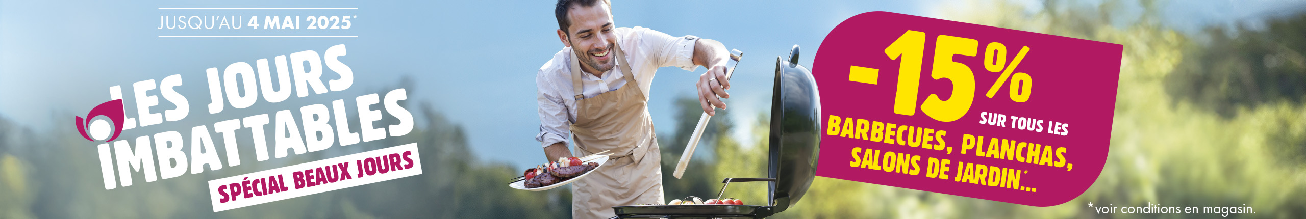 offre -15% de réduction sur nos salons de jardin, parasols et barbecues