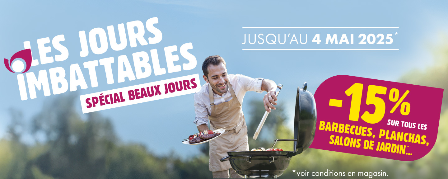 offre -15% de réduction sur nos salons de jardin, parasols et barbecues